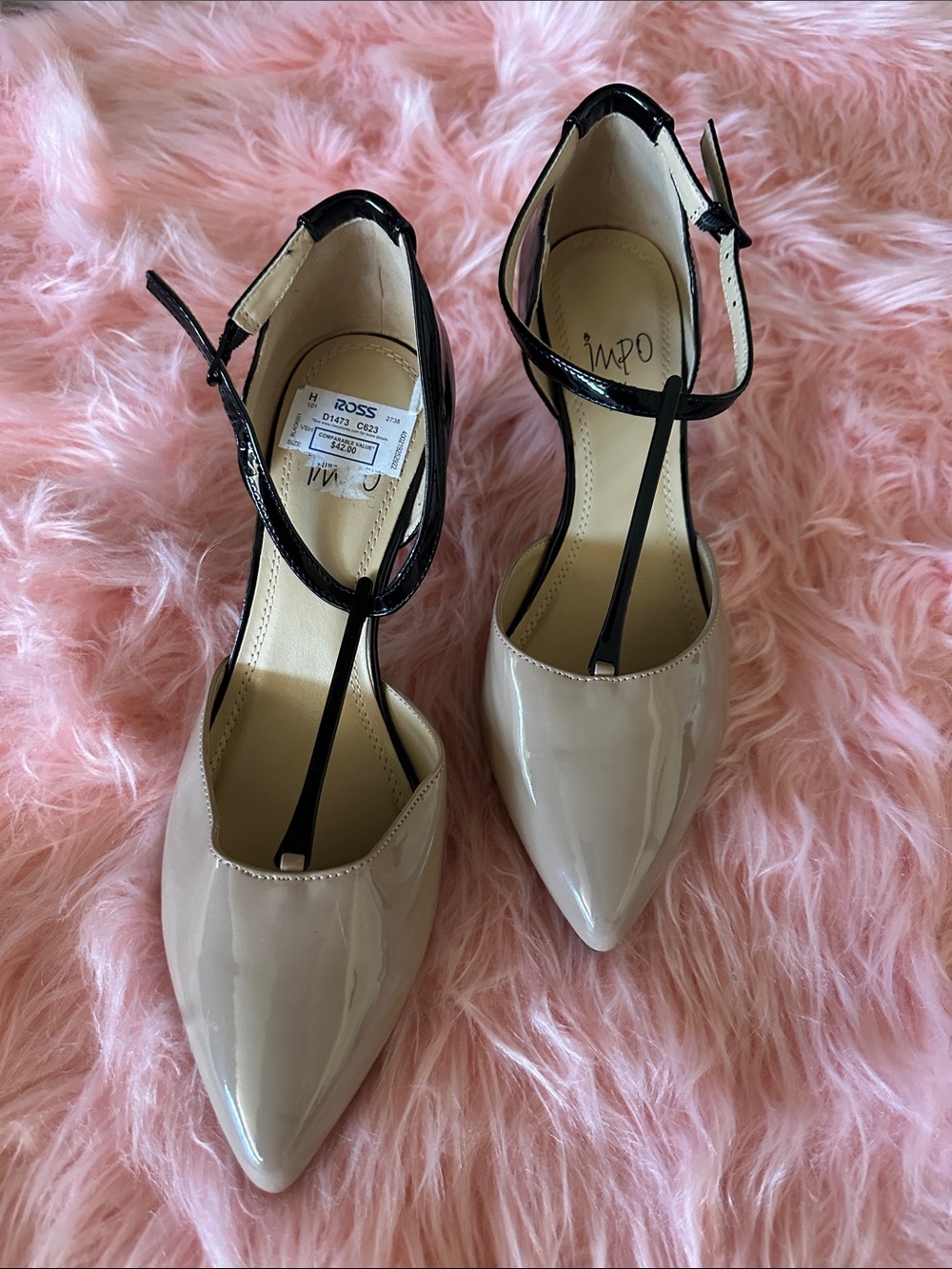 Impo Two-Tone Pointed T-Strap Pumps in Beige and Black